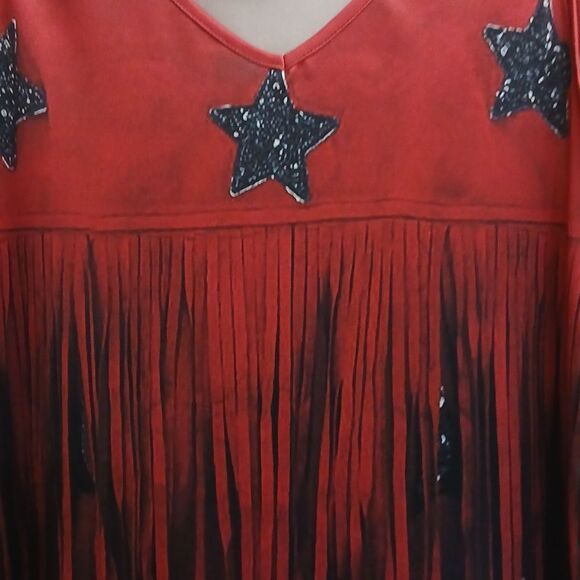 Casual V Neck Sleeveless Top With Star Print And Fringe Detail. XL NWT Brick Red - Picture 2 of 10